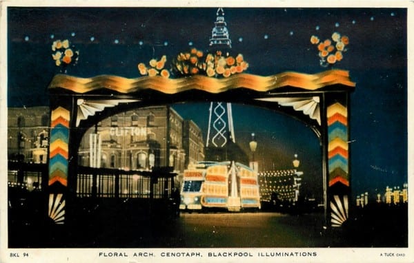Floral Arch, part of the Blackpool Illuminations, Tuck Postcards, History of Blackpool Illuminations
