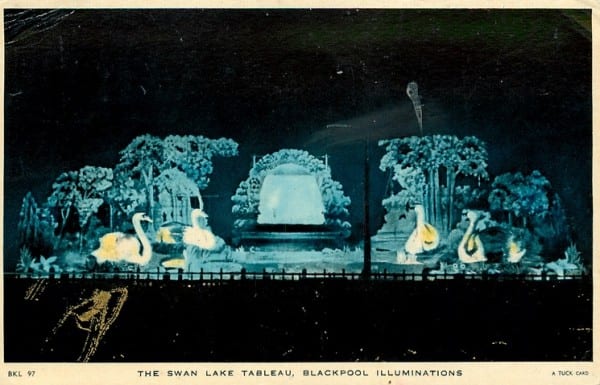The early Swan Lake Tableau at Blackpool Illuminations, Tuck Postcards, part of the History of Blackpool Illuminations