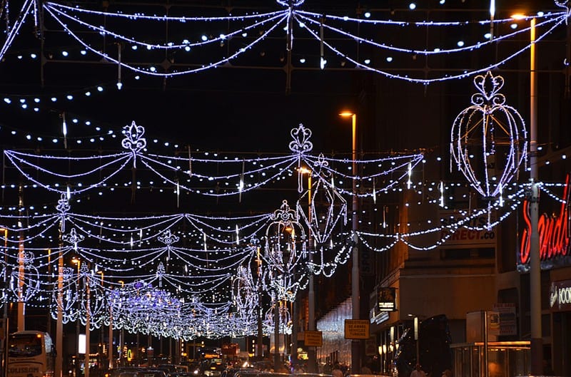 Festoon lights over the road. Find out about Blackpool Illuminations